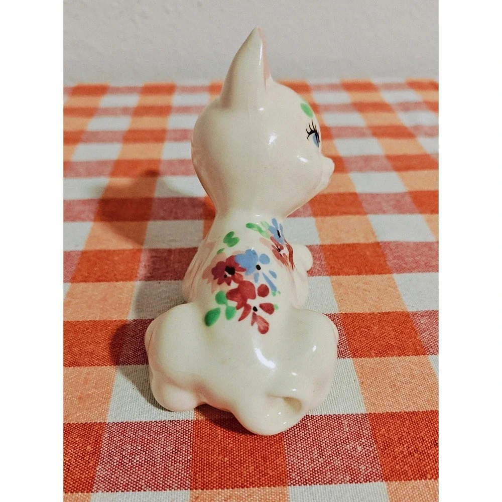 Rare 1940's DeLee Cat Floral Porcelain Figurine Pottery Hand Painted